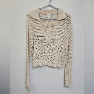 Y2k H&M Crochet knit 100% Algodon Cotton Ivory Oversized  Collard boho sz S